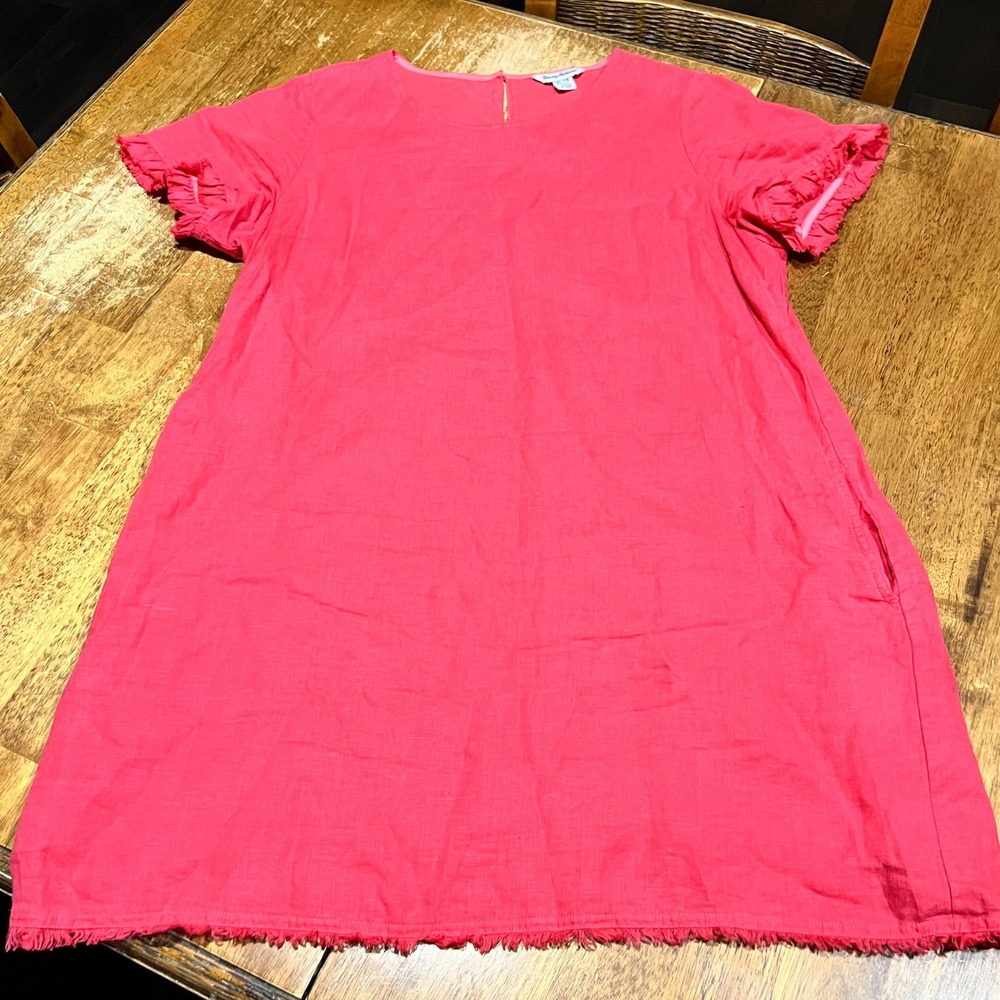 Tommy Bahama Two Palms Linen Mini Ruffle Raw Hem Pink Shift Dress Women's XL